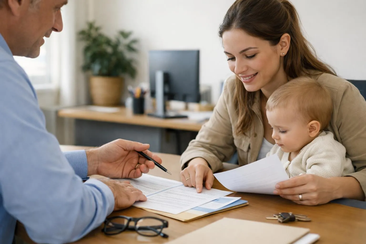 Famille signant des documents avec un bébé dans les bras.