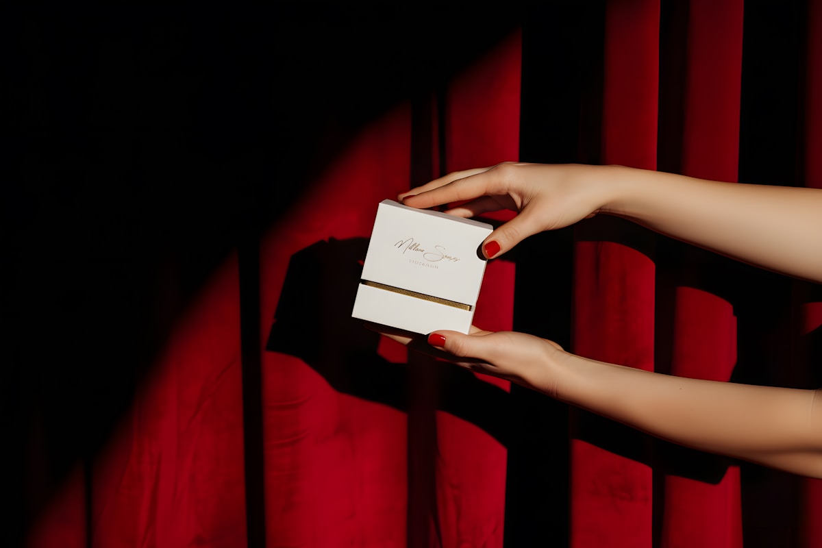 Mains tenant une boîte-cadeau blanche sur fond rouge sombre.