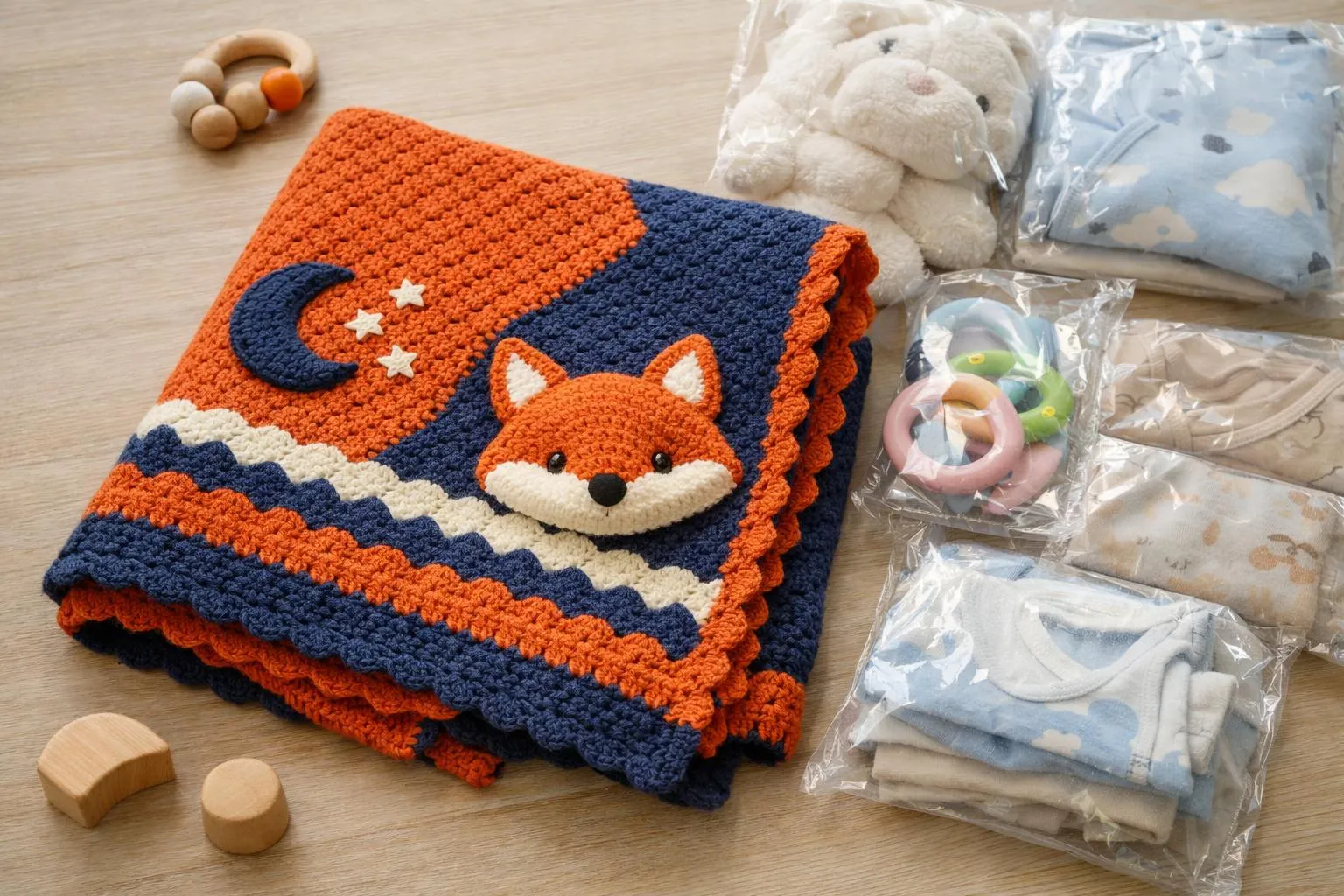 Couverture en crochet avec motif de renard et de lune, jouets en peluche et accessoires pour bébé.