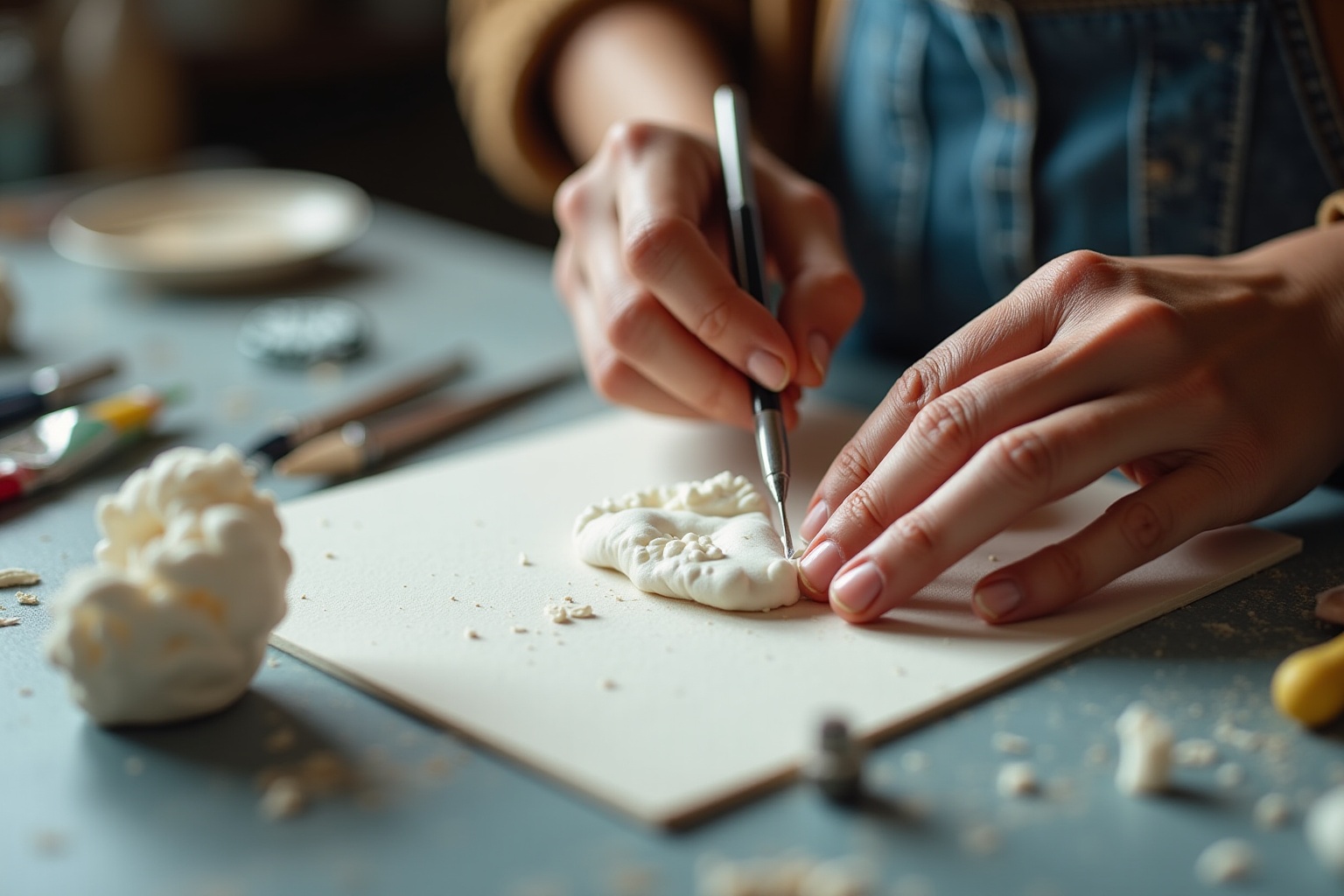 Mains façonnant délicatement une pâte de biscuits sur une surface de travail.