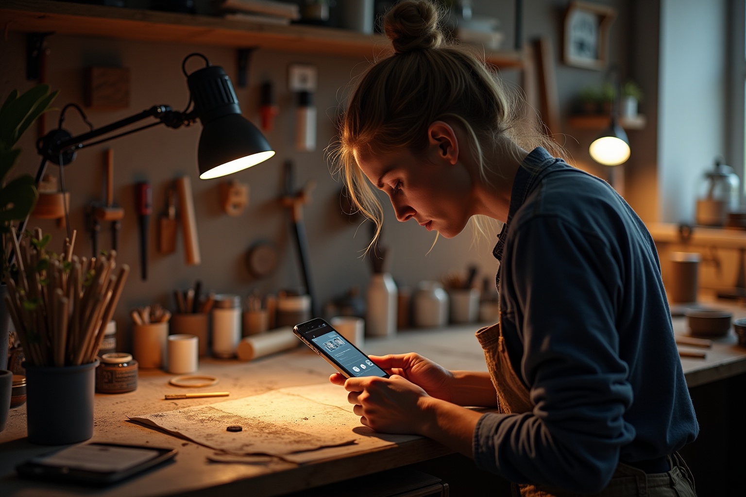 Une femme concentrée sur son téléphone dans un atelier créatif.