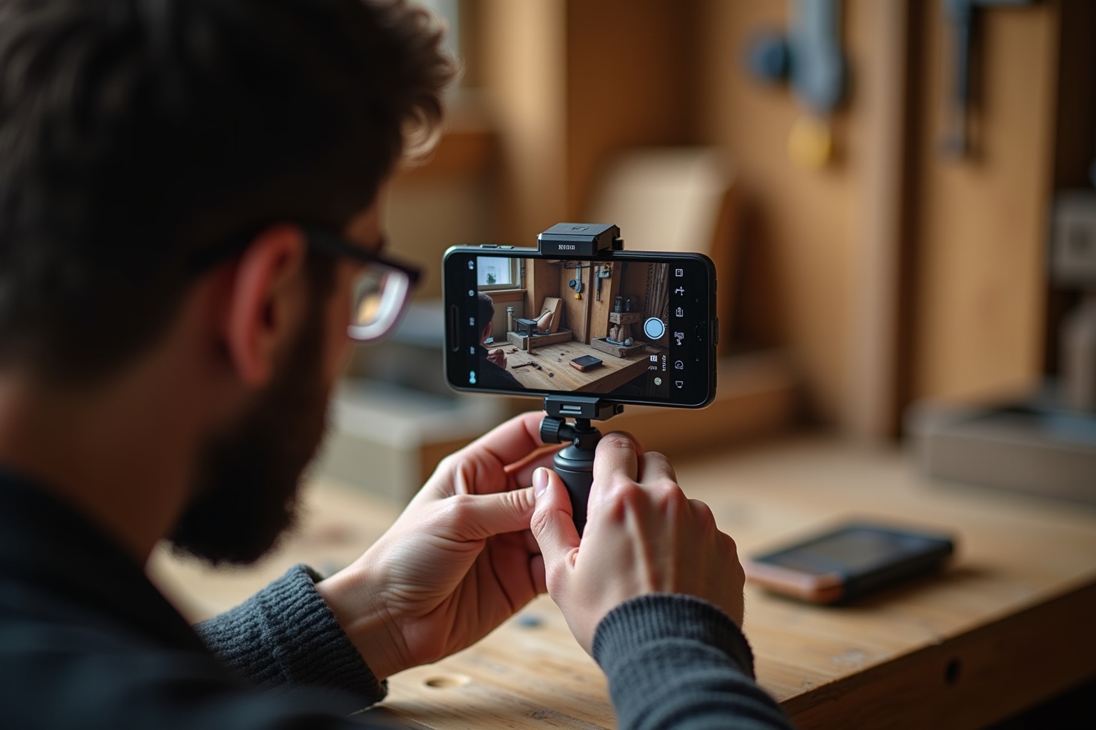Personne photographiant l'intérieur d'une pièce avec un téléphone portable.