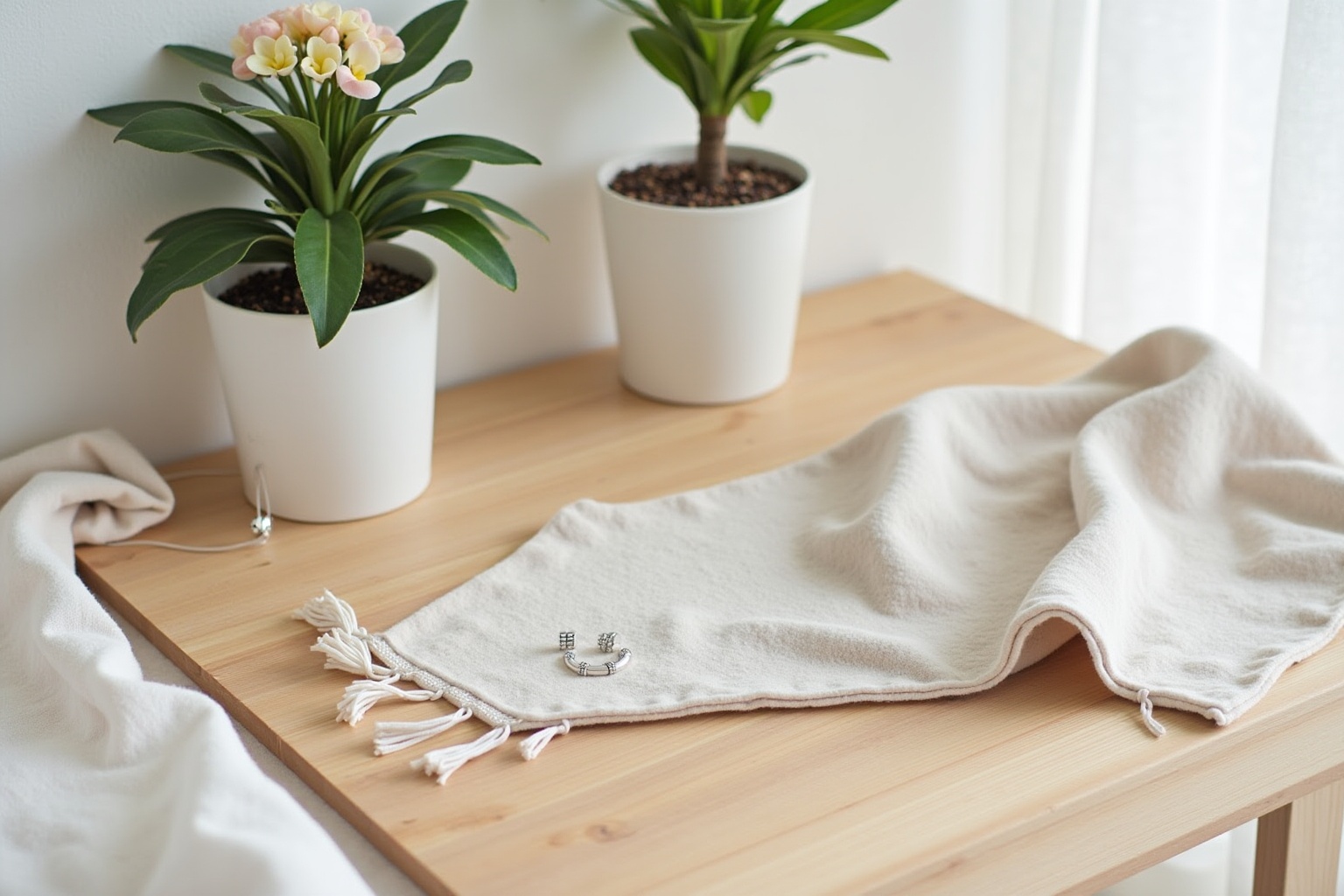 Plantes vertes, fleurs roses, couverture blanche, table en bois, décoration intérieure.