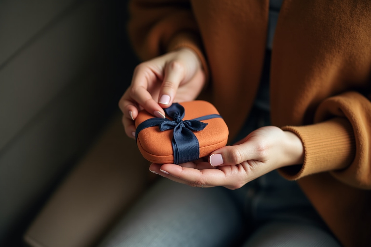 Boîte-cadeau orange avec nœud bleu marine, tenue dans les mains.
