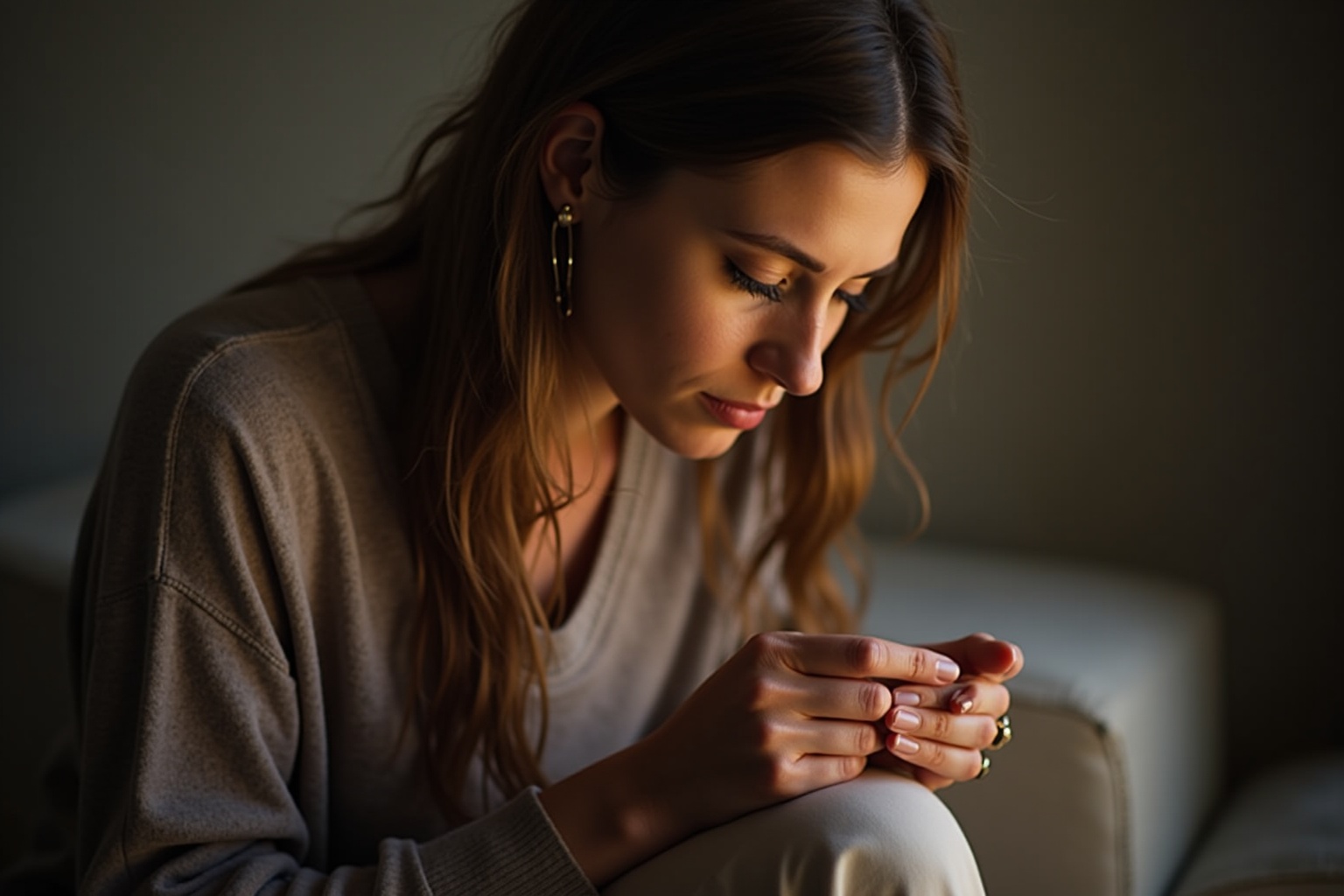 Femme pensive, regard baissé, expression réfléchie, vêtements décontractés, éclairage sombre.