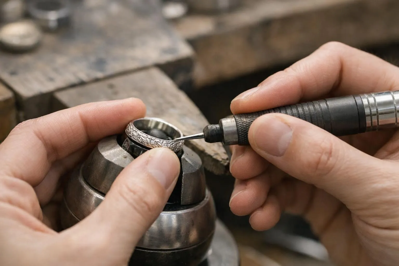 Mains d'un artisan polissant un anneau en métal avec un outil.