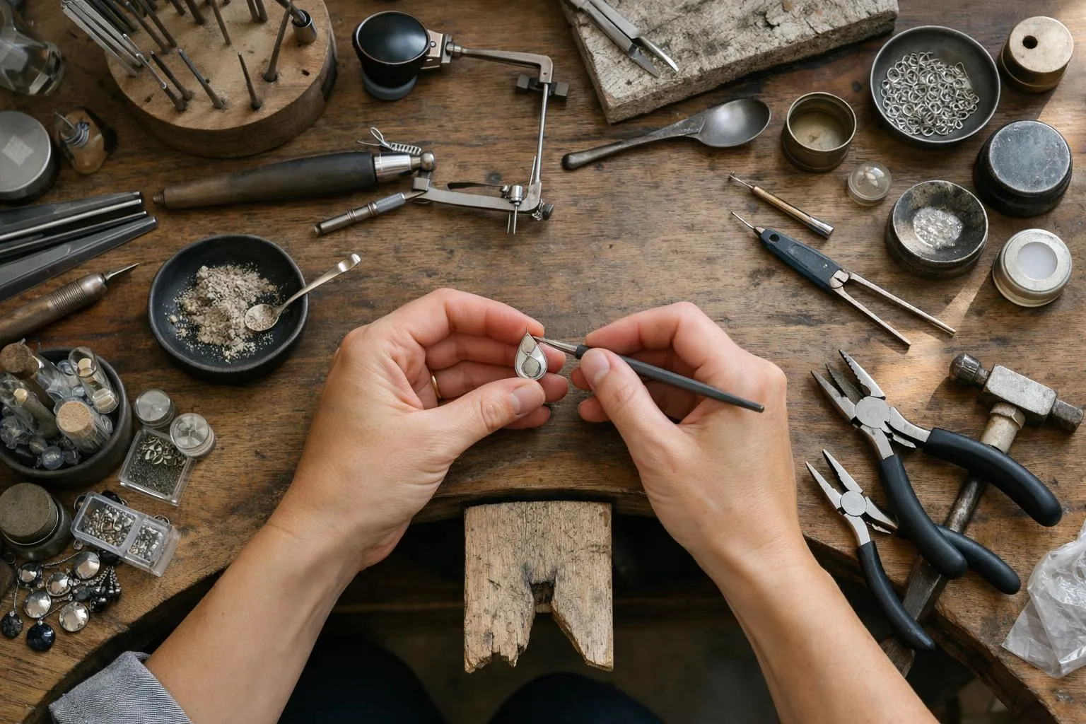 Atelier de joaillerie avec outils et matériaux sur un établi en bois.