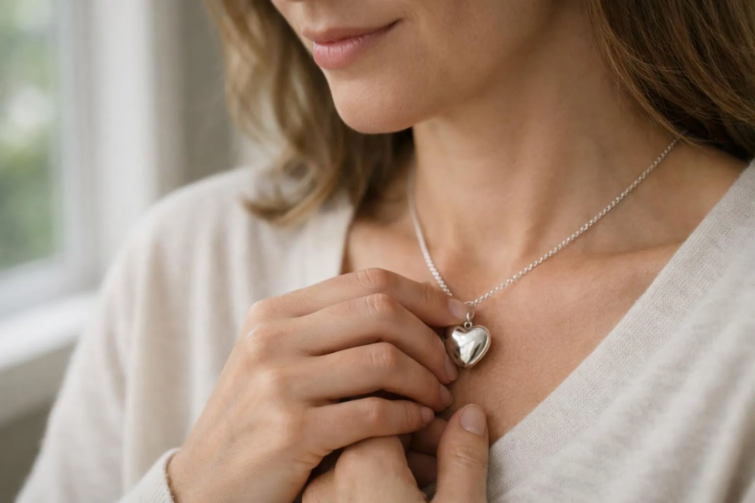 Femme portant un collier en forme de cœur.