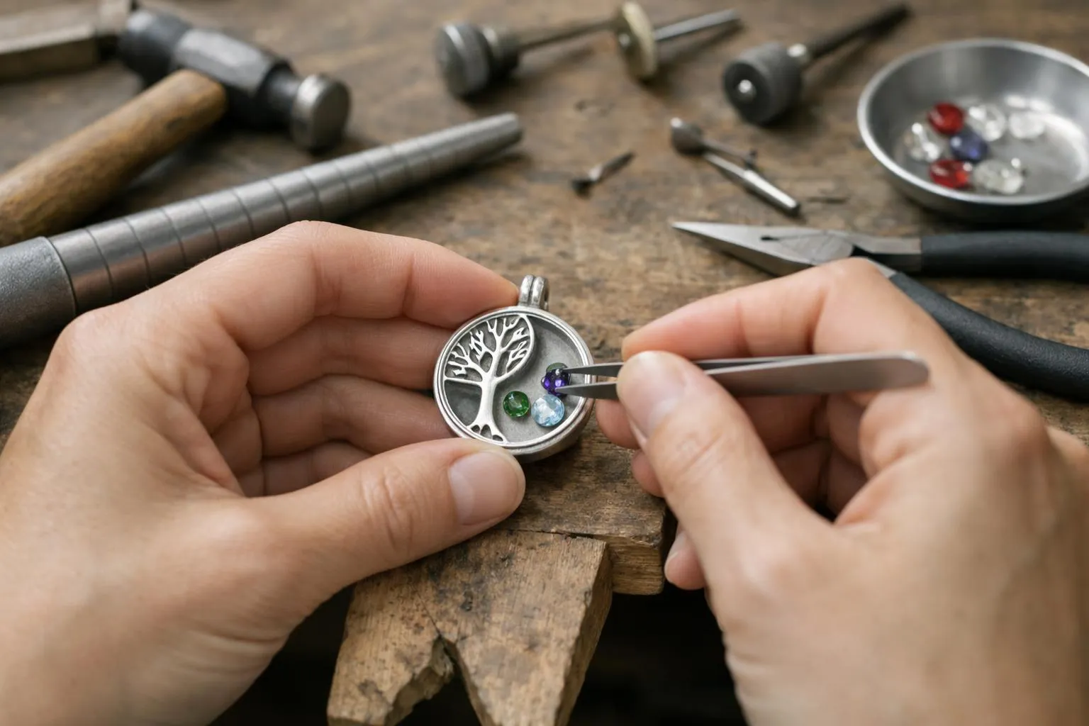 Bijou en argent avec arbre de vie et pierres colorées.