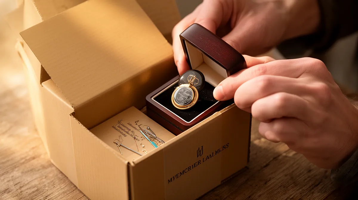 Boîte en bois avec montre de poche dorée et accessoires.