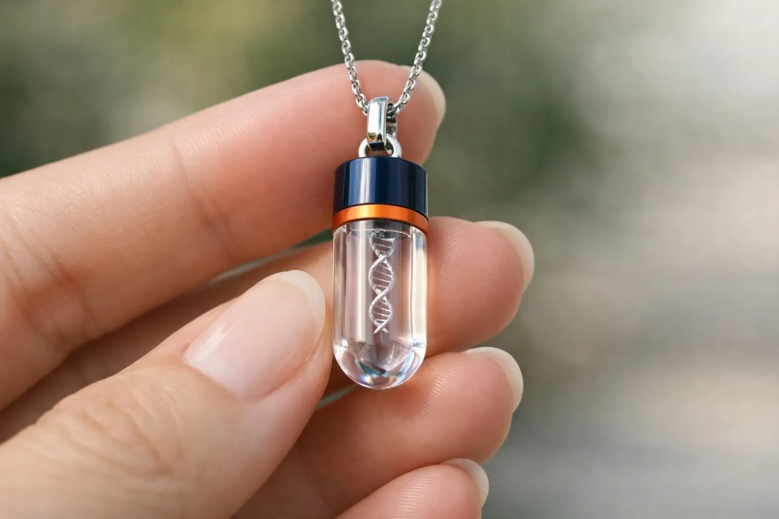 Pendentif en forme de capsule avec une structure d'ADN à l'intérieur.