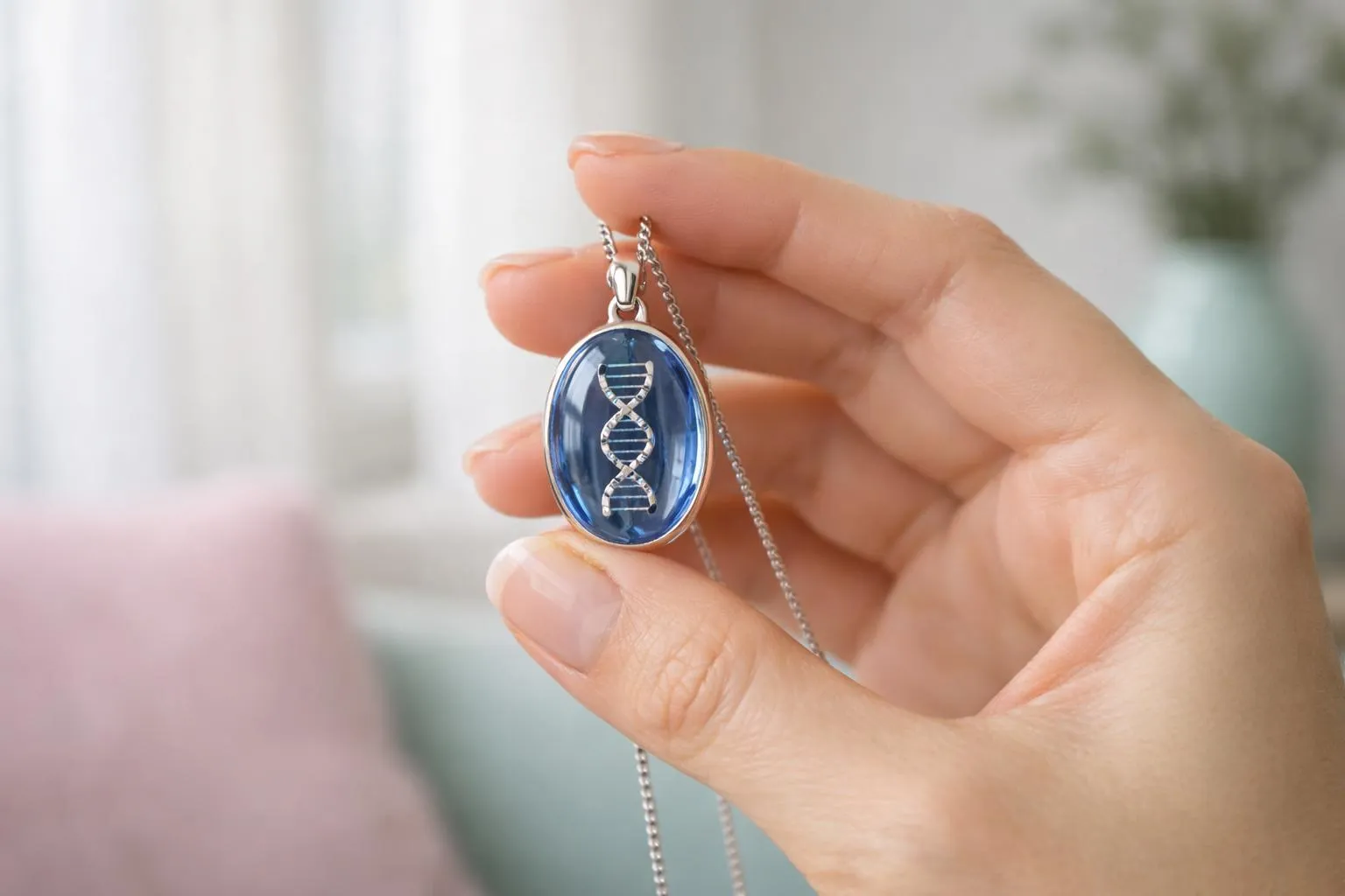 Pendentif en forme d'hélice d'ADN dans un cristal bleu.