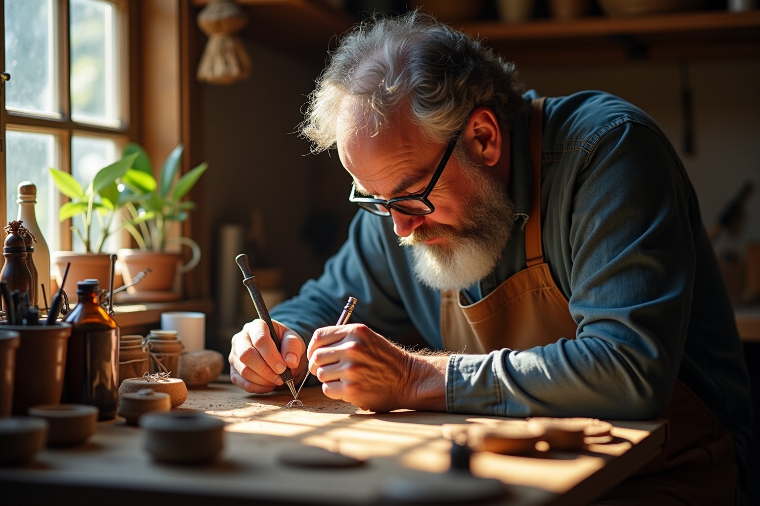 Artisan barbu concentré sur son travail d'artisanat dans son atelier.