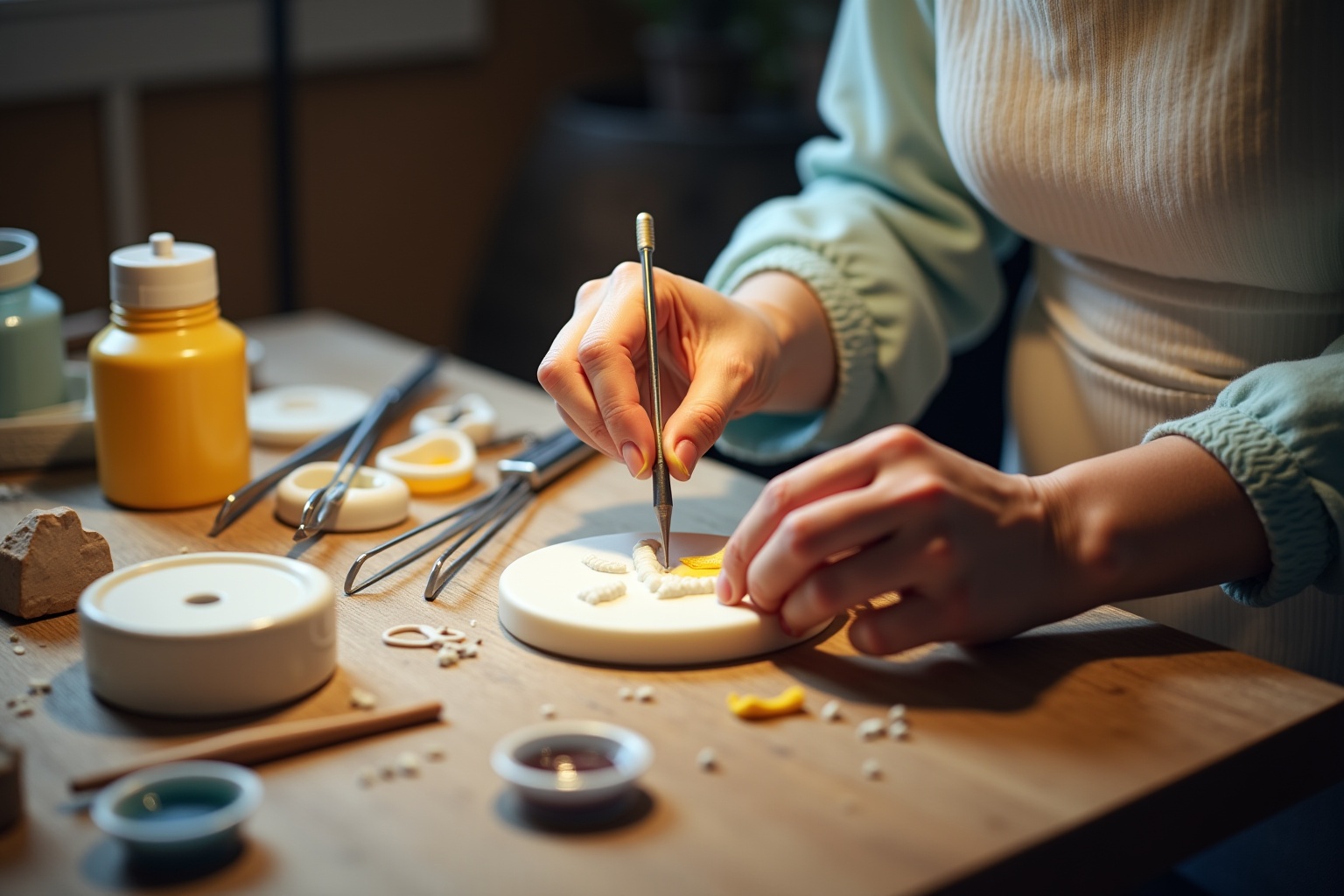 Artisanat de bijoux, outils et accessoires sur la table.