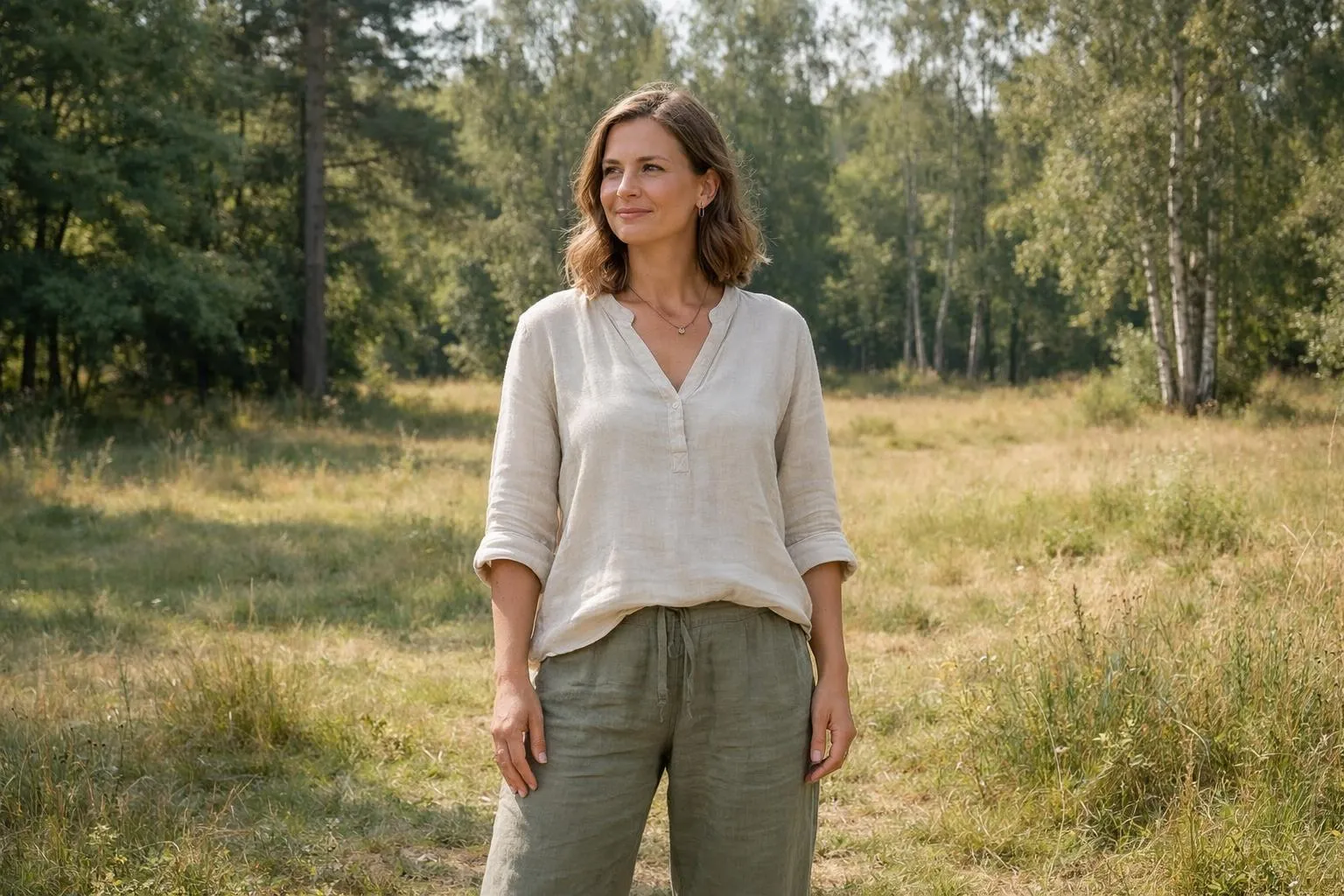 Femme souriante en tenue décontractée dans un paysage boisé.