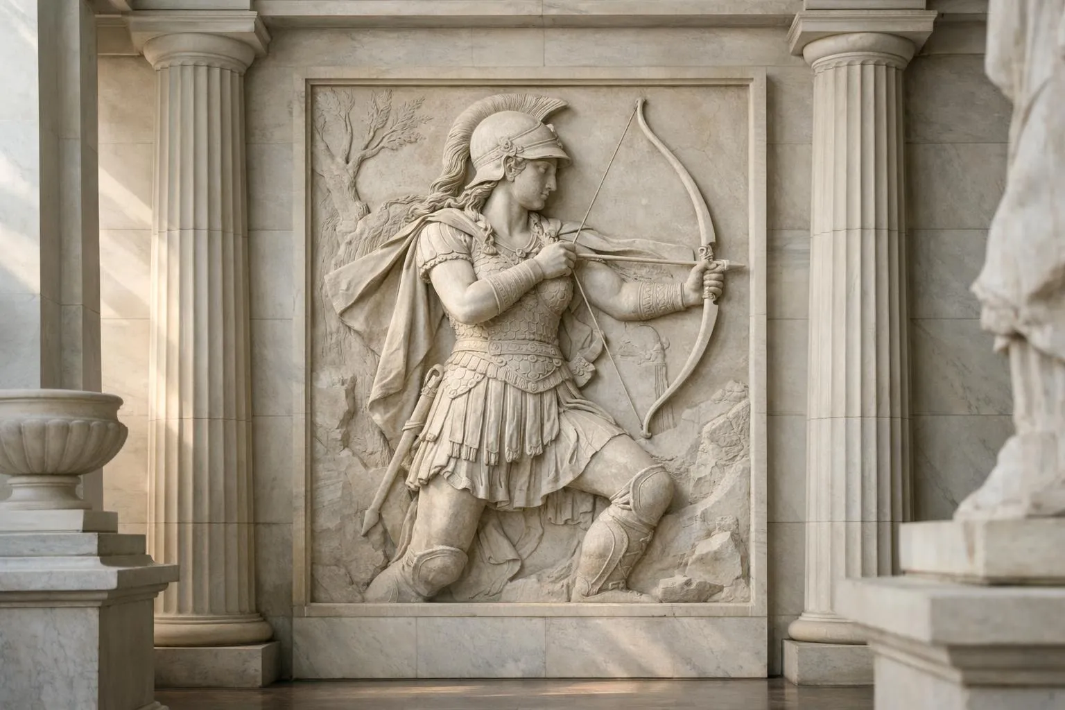 Sculpture en pierre d'un guerrier grec archer.