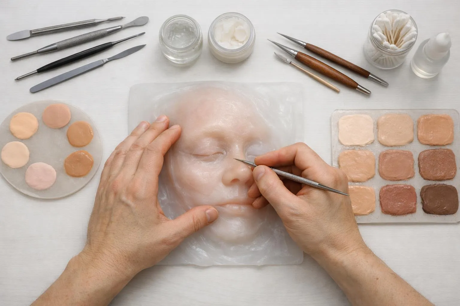 Outils de maquillage et de modelage du visage sur une surface blanche.