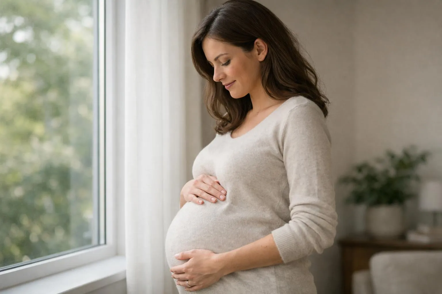 Femme enceinte debout près de la fenêtre, regardant à l'extérieur avec un air pensif.