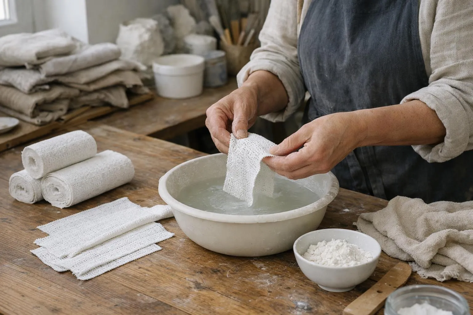 Mains d'artisan plongeant du tissu dans un bol d'eau, avec des rouleaux de bandages et de la craie à proximité.