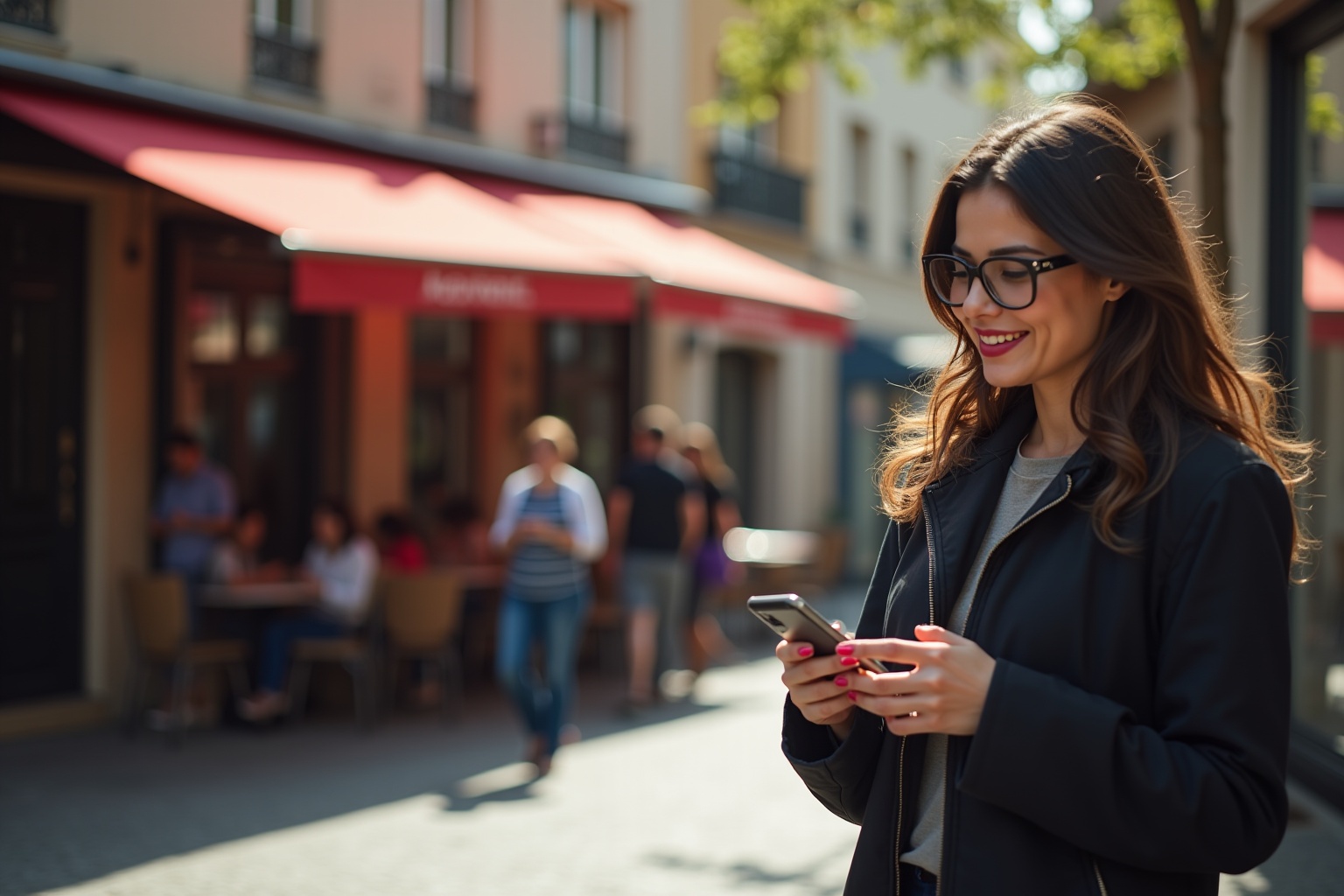 Jeune femme souriante dans la rue, tenant un téléphone portable.