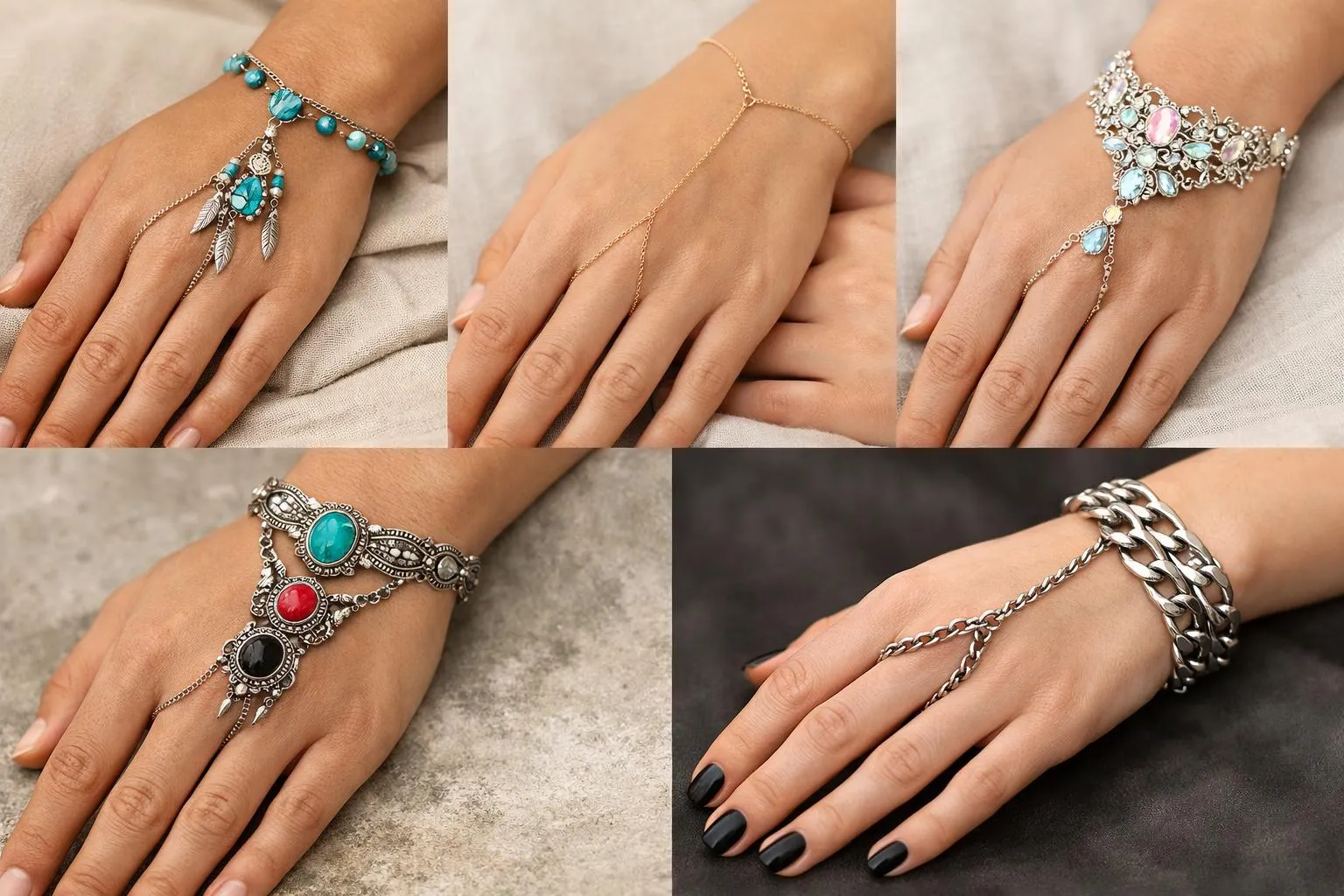 Bracelets et bijoux de fantaisie ornés de pierres colorées.