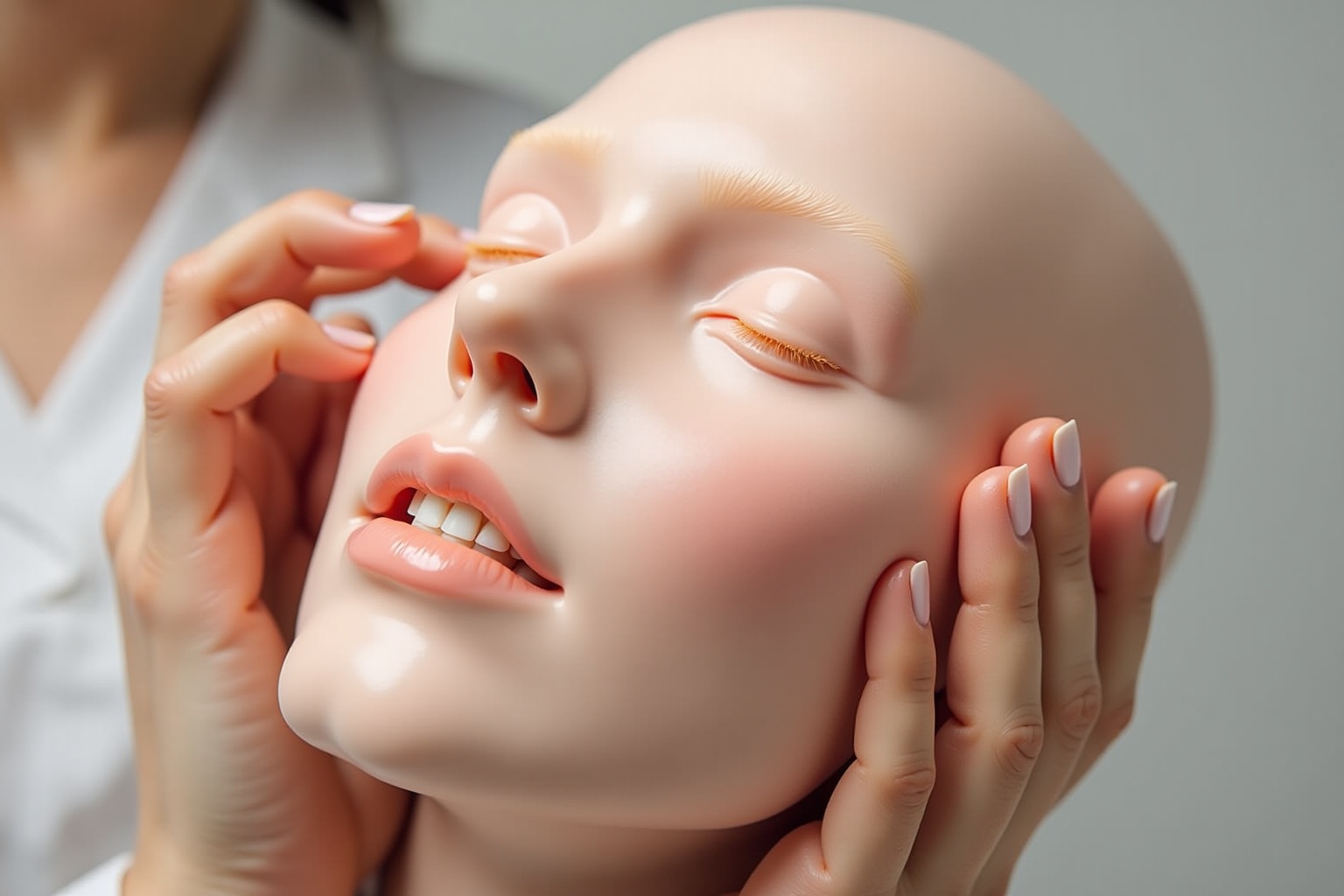 Visage de poupée en gros plan avec yeux fermés et bouche ouverte.