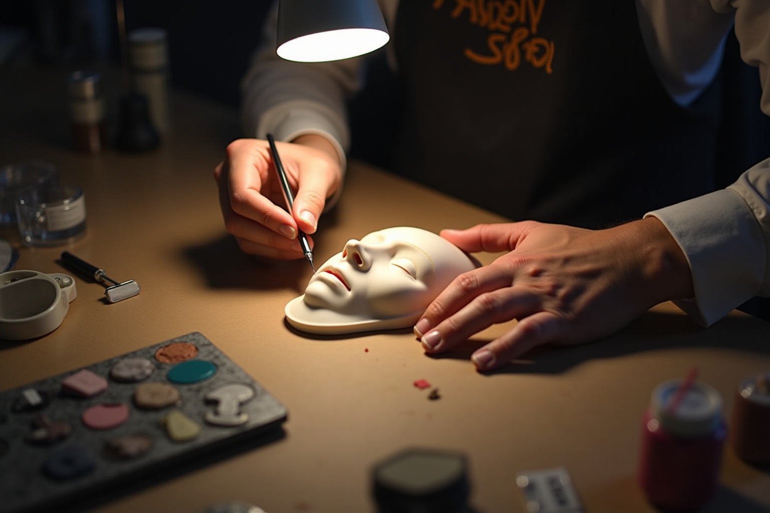 Maquillage d'un masque facial par un artiste.
