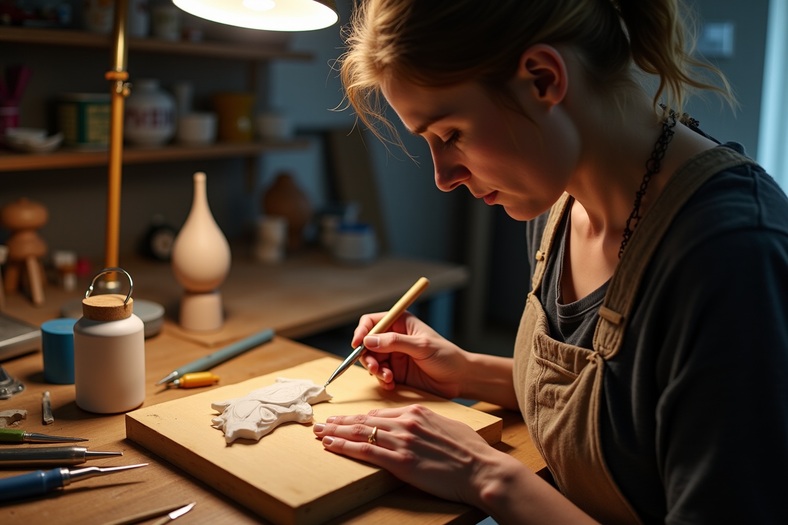 Jeune femme concentrée sur un projet artistique dans son atelier.