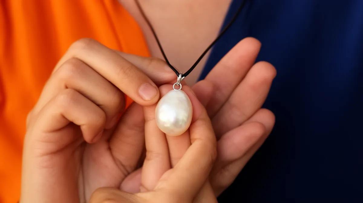 Pendentif en forme de perle blanche tenu dans les mains.