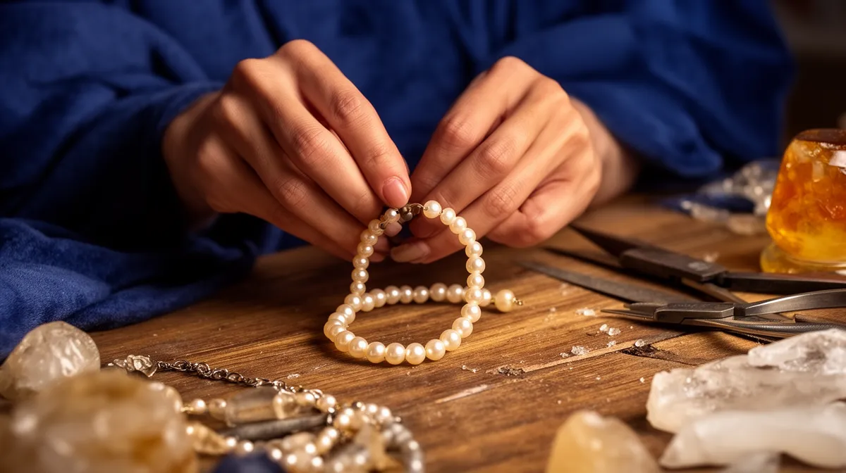 Mains féminines assemblant un bracelet de perles sur une surface en bois.