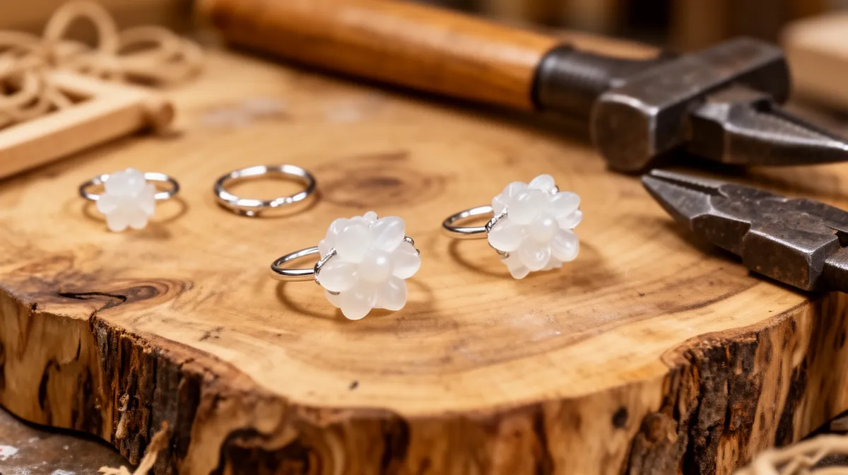Bagues en argent avec fleurs en cristal sur un support en bois.