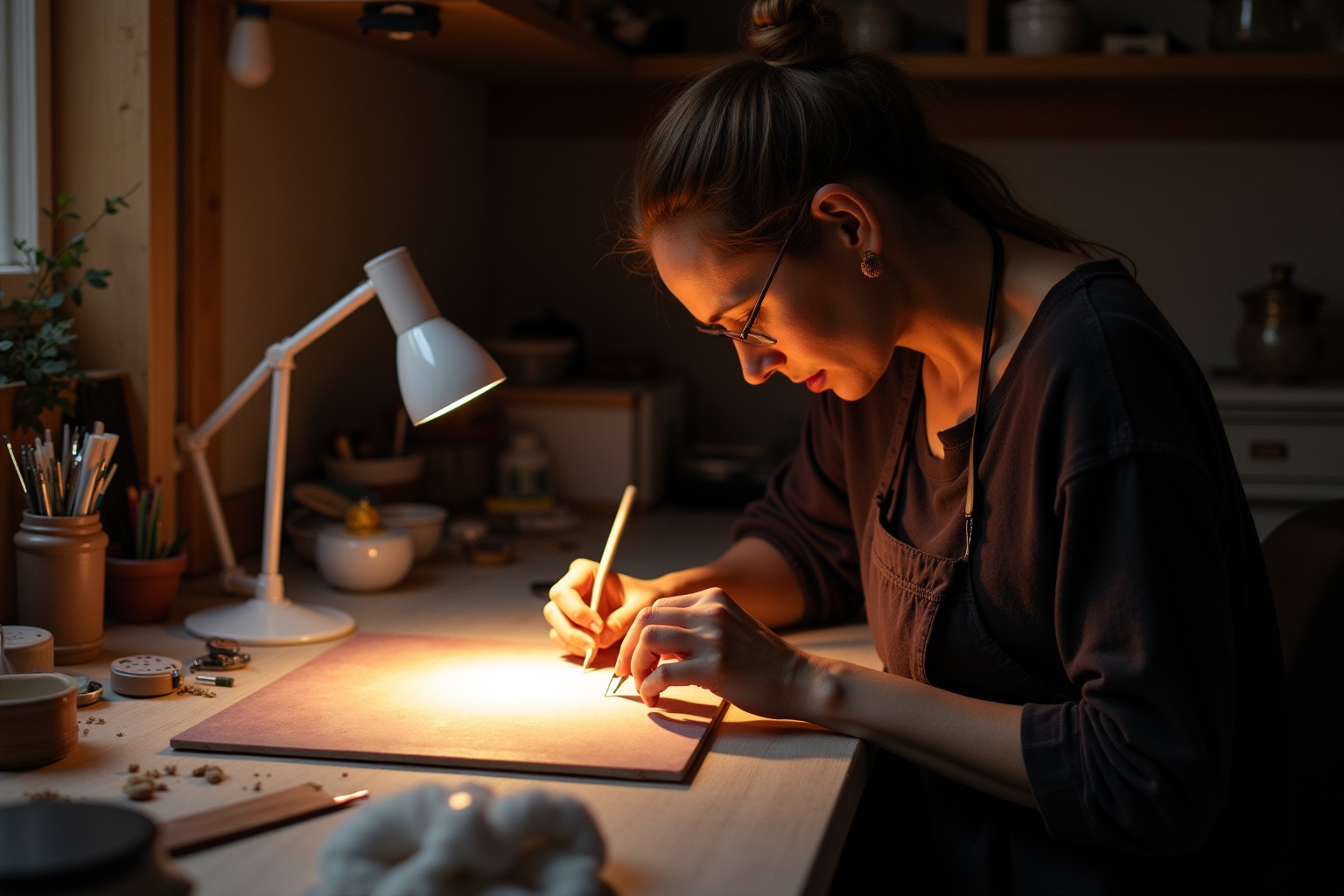 Femme concentrée dessinant dans un atelier sombre et chaleureux.