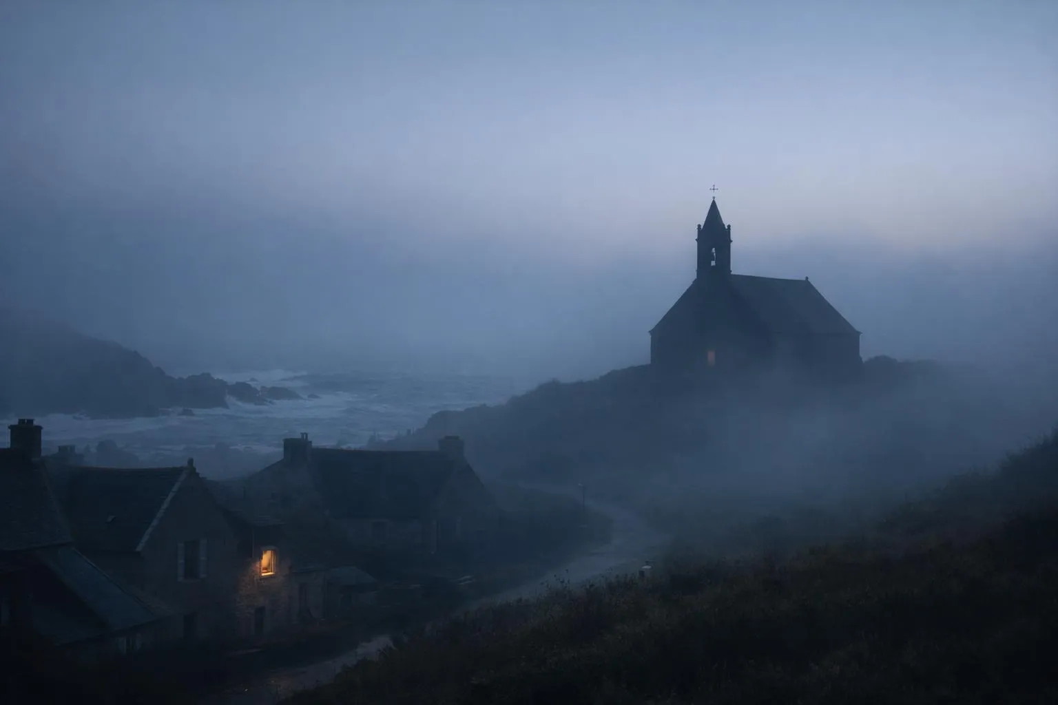 Église solitaire dans un paysage brumeux et sombre.
