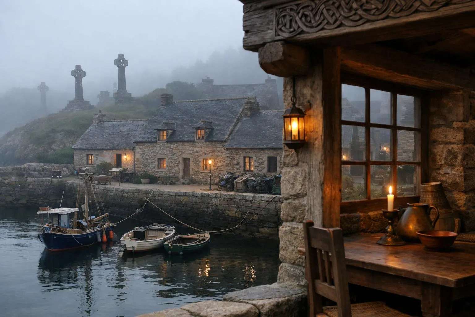 Paysage côtier brumeux avec bateaux de pêche et maisons en pierre.