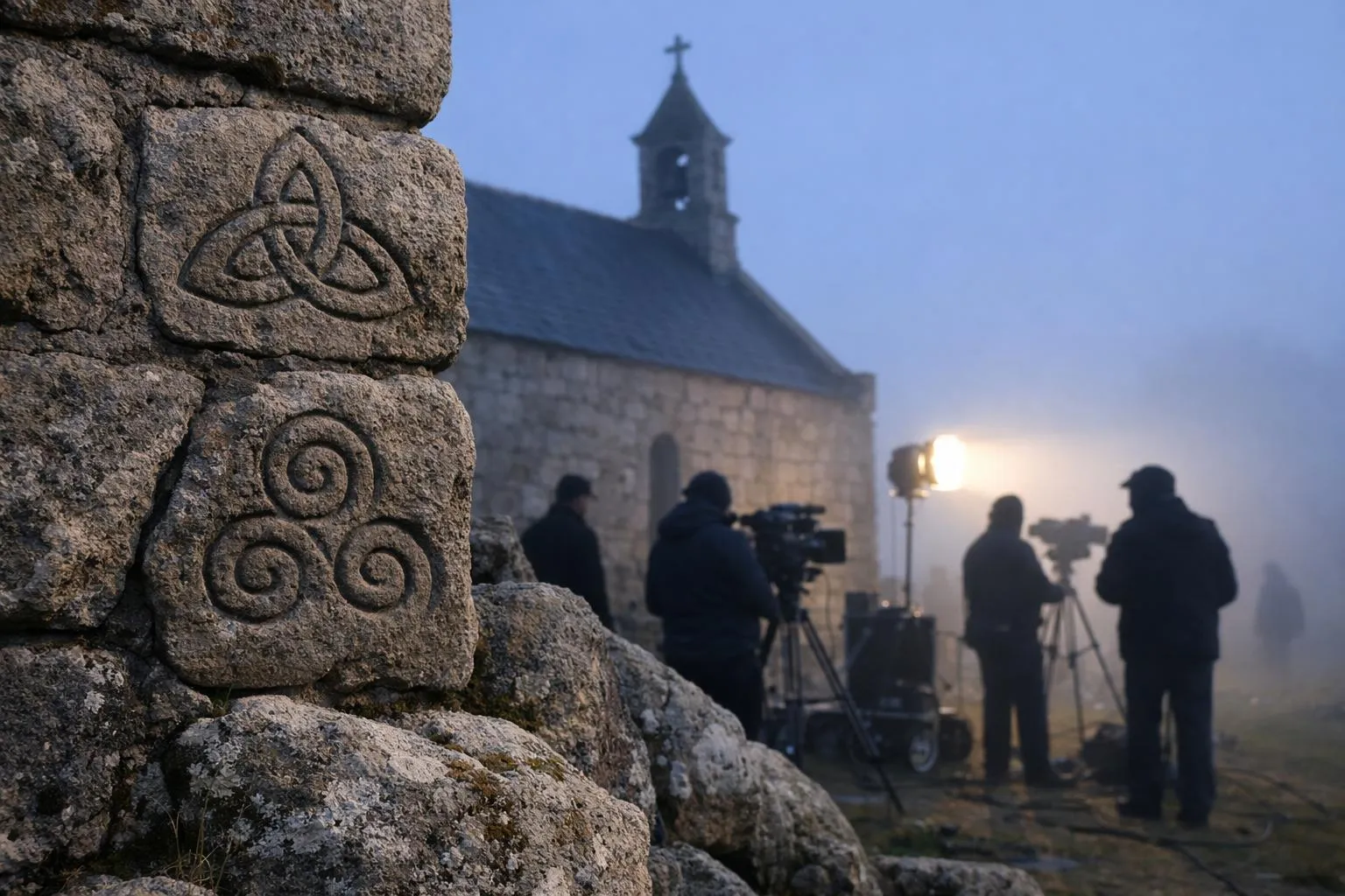 Église médiévale au crépuscule, avec des symboles celtiques sculptés sur la pierre.