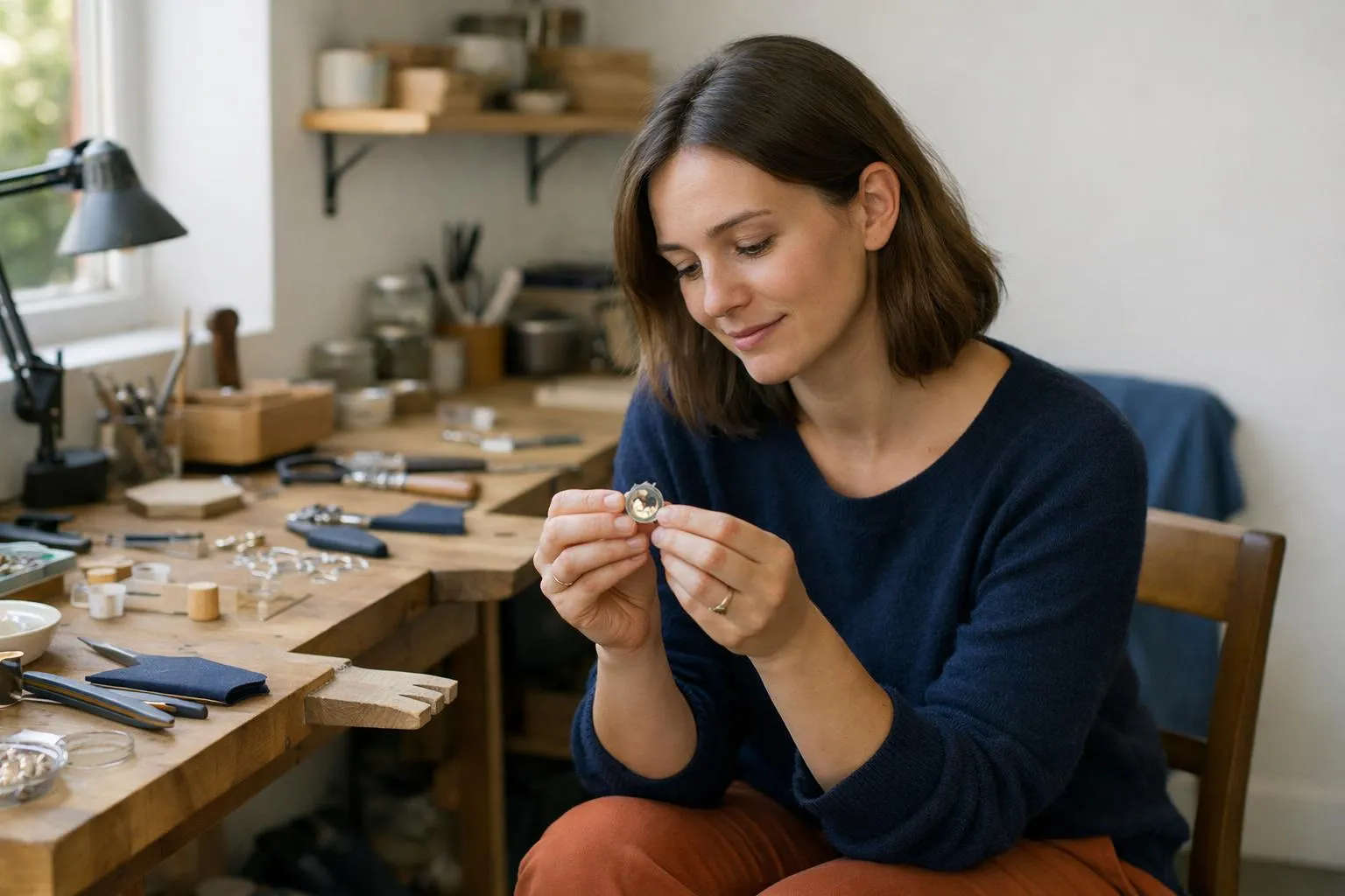 Femme concentrée travaillant sur un projet de bijouterie dans son atelier.