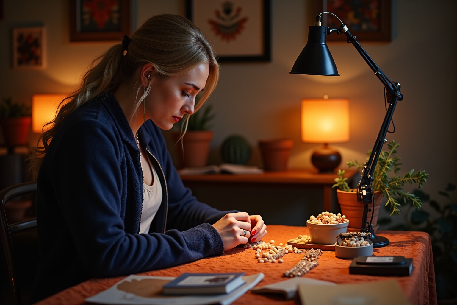Jeune femme concentrée sur un projet de bricolage dans un intérieur chaleureux.