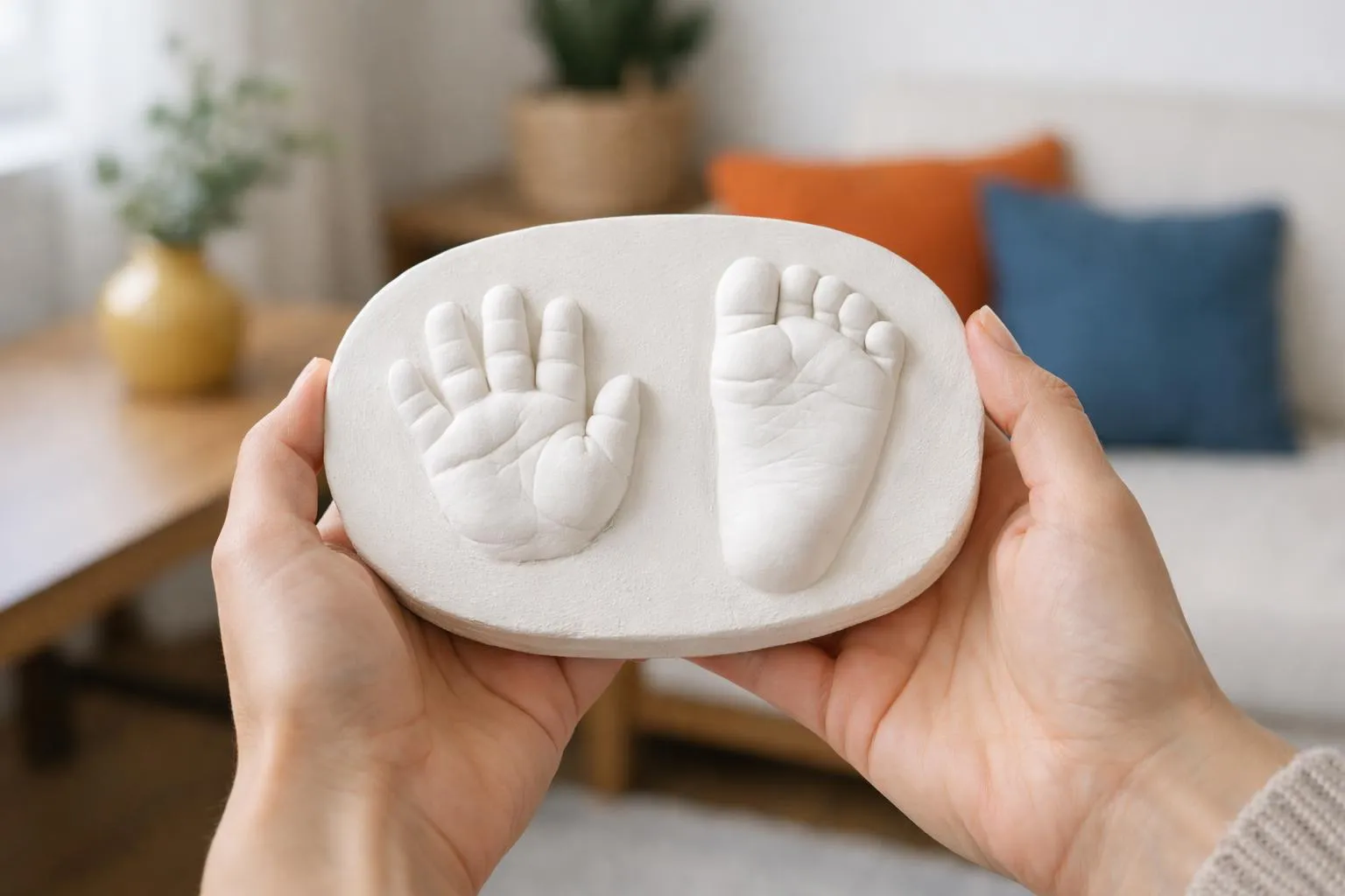 Empreintes de mains et de pieds en plâtre blanc.