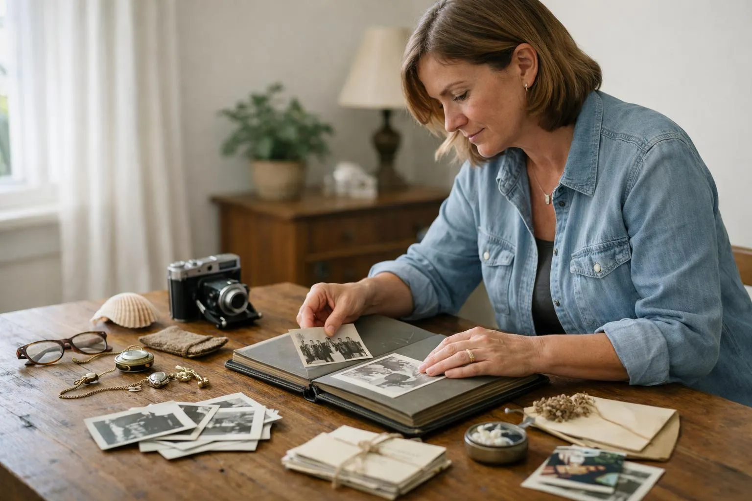 Femme assise à une table, examinant de vieilles photographies.