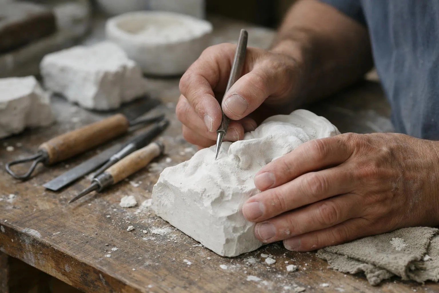 Mains d'un artisan sculptant une pièce en argile sur un établi.