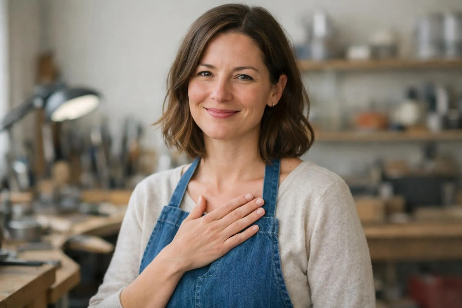 Femme souriante portant un tablier en jean dans un atelier.