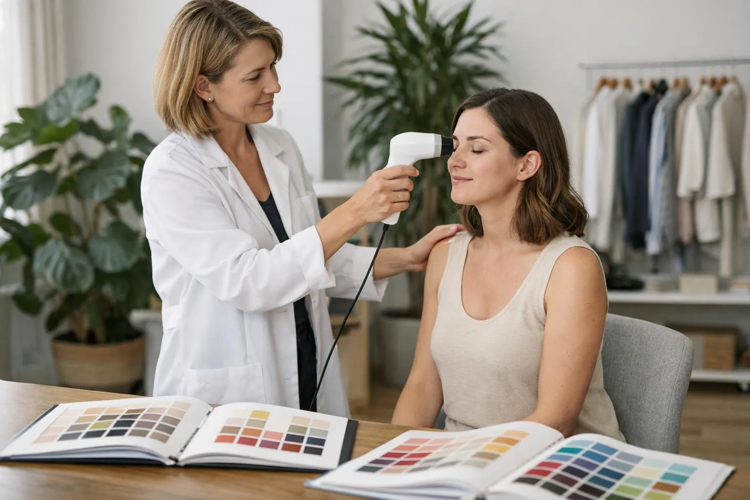 Femme examinant la peau d'une autre femme avec un appareil médical.