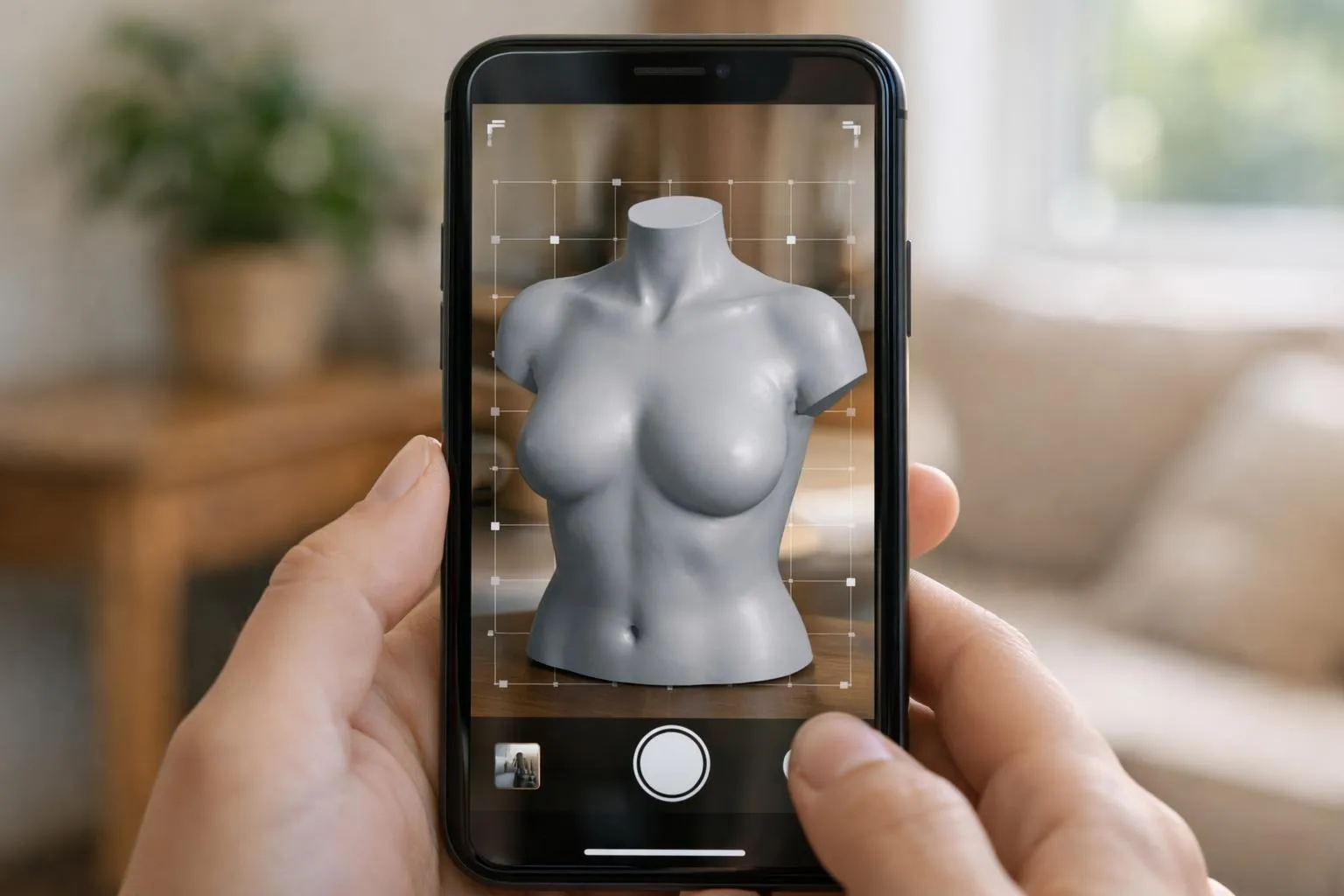 Mannequin 3D gris affiché sur un écran de smartphone.