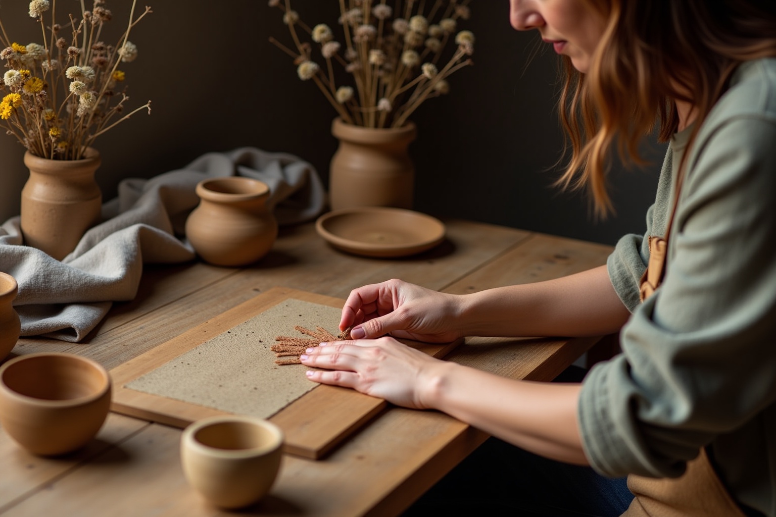 Femme créant des objets en céramique sur une table en bois.