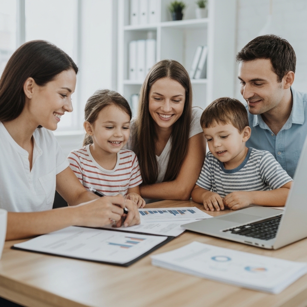 Famille de quatre personnes assise autour d'une table en bois, consultant ensemble une carte papier d&eacute;pli&eacute;e et un ordinateur portable ouvert, sourires complices, lumi&egrave;re naturelle d'apr&egrave;s-midi