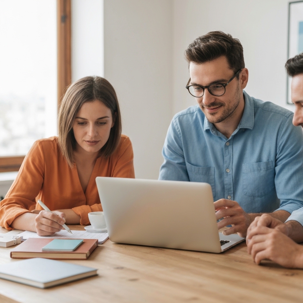 Voyageur français ou couple adulte consultant un calendrier ou une carte de Corée du Sud sur une table à la maison, avec un ordinateur portable ouvert, carnets de voyage, et lumière naturelle de fenêtre. Scène authentique de planification de voyage, sans pose publicitaire, environnement domestique crédible avec valises ou guides touristiques en arrière-plan.