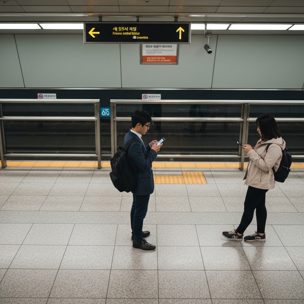 Voyageur français consultant une application de traduction sur smartphone devant un panneau de signalétique coréen dans une station de métro moderne, lumière naturelle indirecte, ambiance authentique de transit urbain, personnage en tenue décontractée avec sac à dos, environnement réaliste sans mise en scène publicitaire