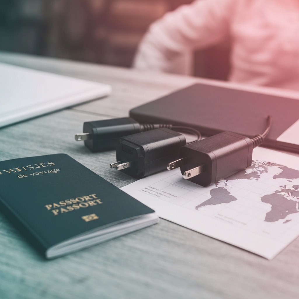 Photo réaliste montrant plusieurs types de prises électriques internationales et adaptateurs posés sur une table à côté d'un passeport et d'une carte du monde, lumière naturelle, style éditorial de voyage, ambiance de préparation de voyage authentique