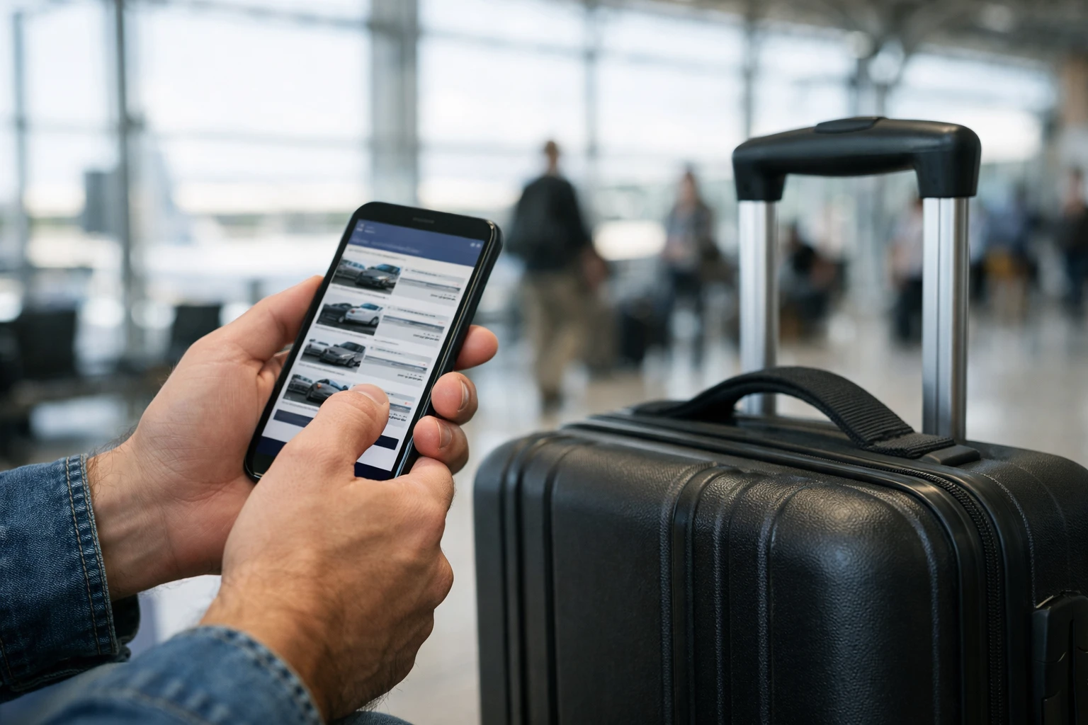 Voyageur adulte consultant une plateforme de réservation de parking sur smartphone dans le terminal d