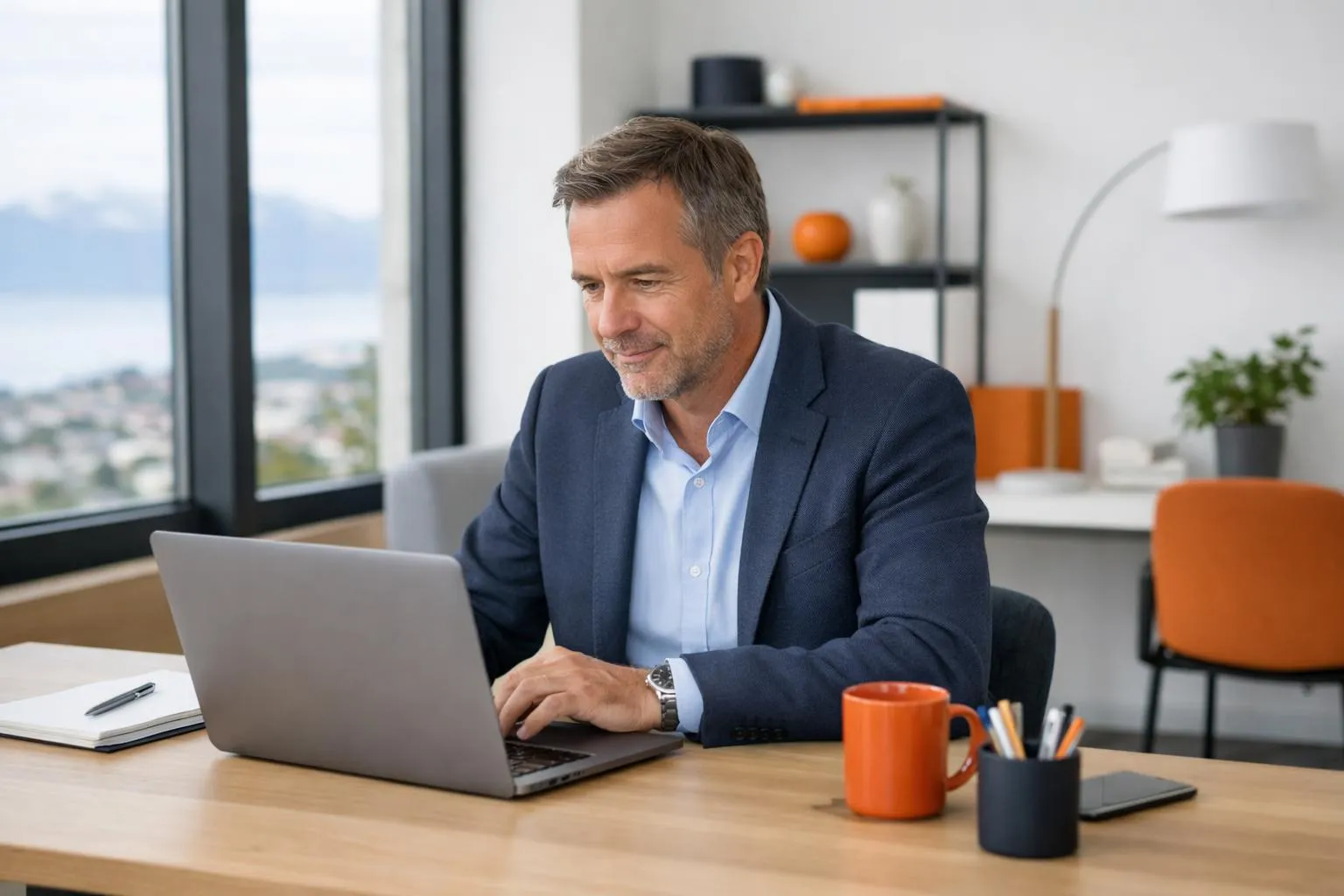 Homme d'affaires mature travaillant sur un ordinateur portable dans un bureau moderne.